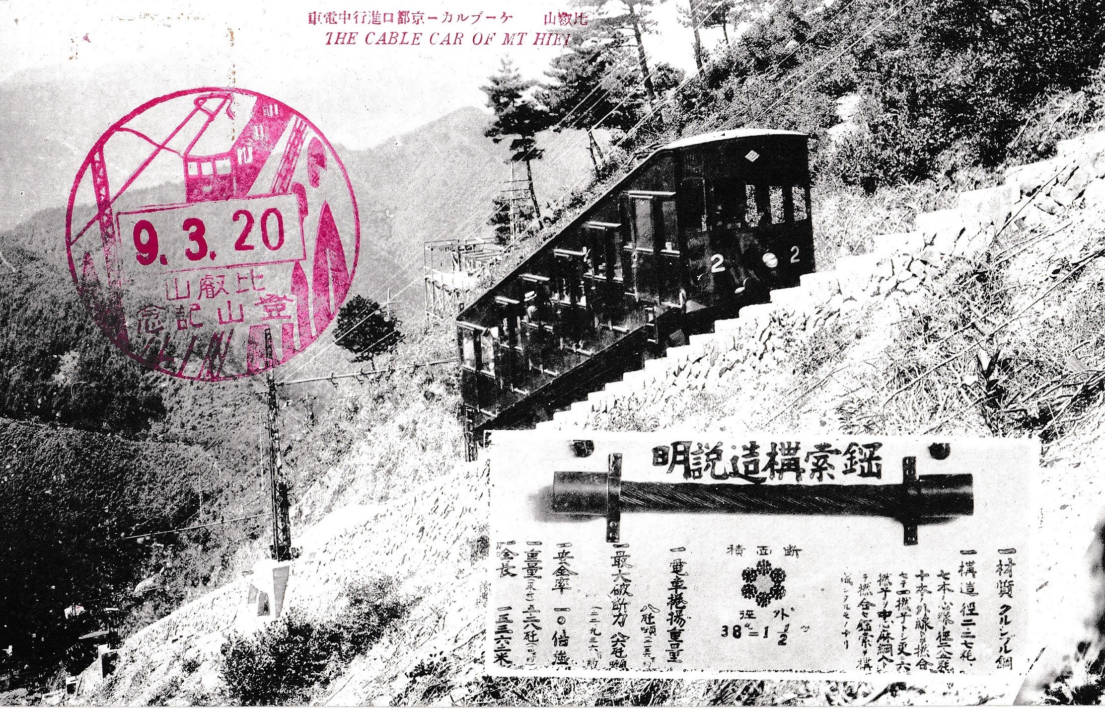 初代ケーブルカーが紹介されている絵葉書。どうやら昭和９年３月の乗車記念のようである。