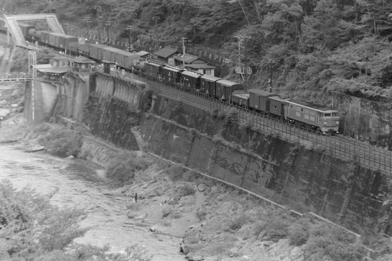 昭和５０年１０月　ディーゼル機関車が引く貨物列車が旧保津峡駅を通過