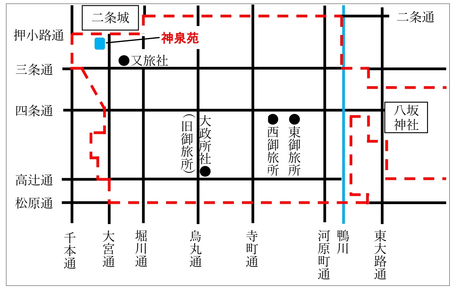 八坂神社・神泉苑位置関係図(赤い線は八坂神社氏子区域の目安を表します)