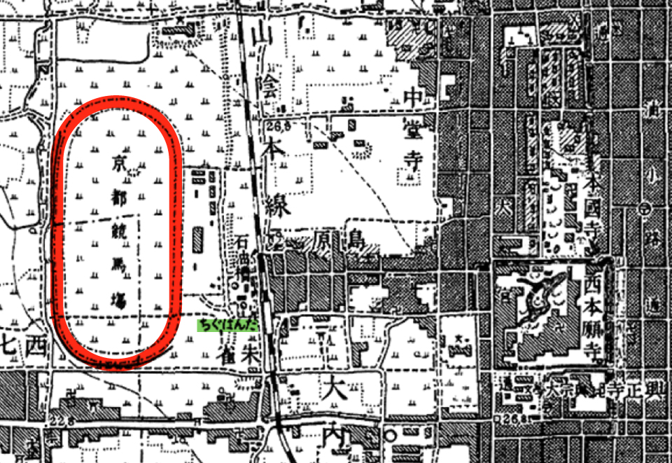 1892～1910年の地図です。赤が京都競馬場、中央下の緑が丹波口駅